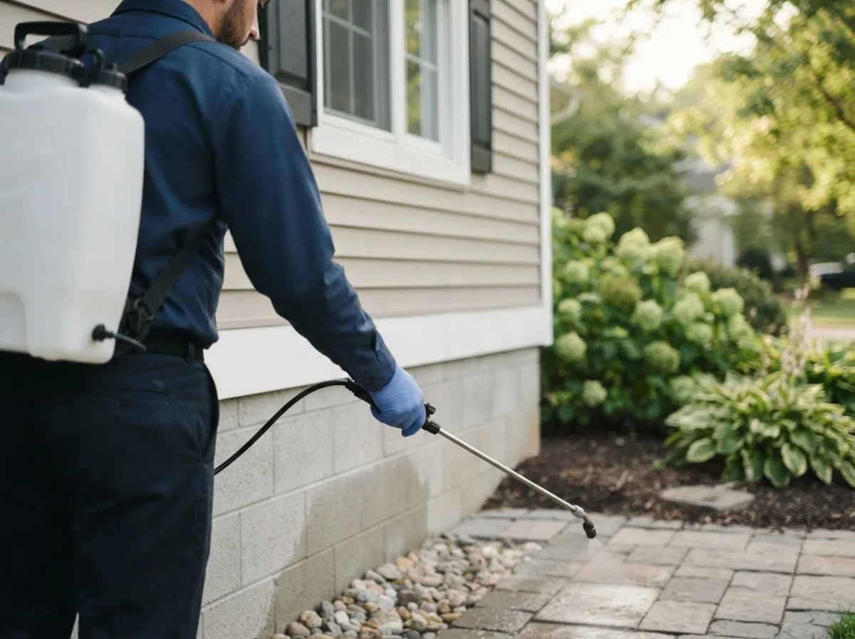 Pest control technician inspecting a home in Wharton, WV
